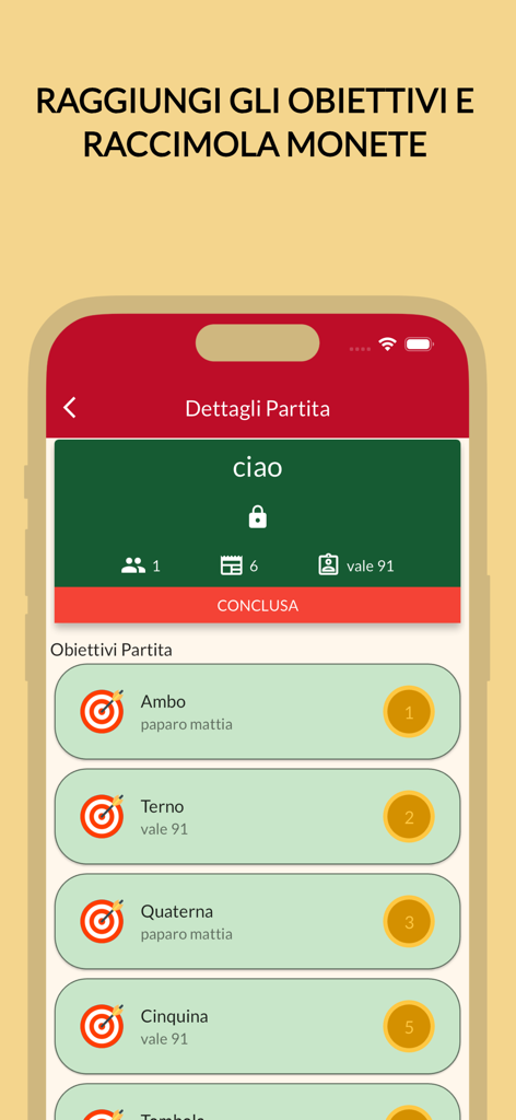 Pantalla móvil de la aplicación Tombola Online mostrando detalles de la partida y objetivos del juego como Ambo y Terno.