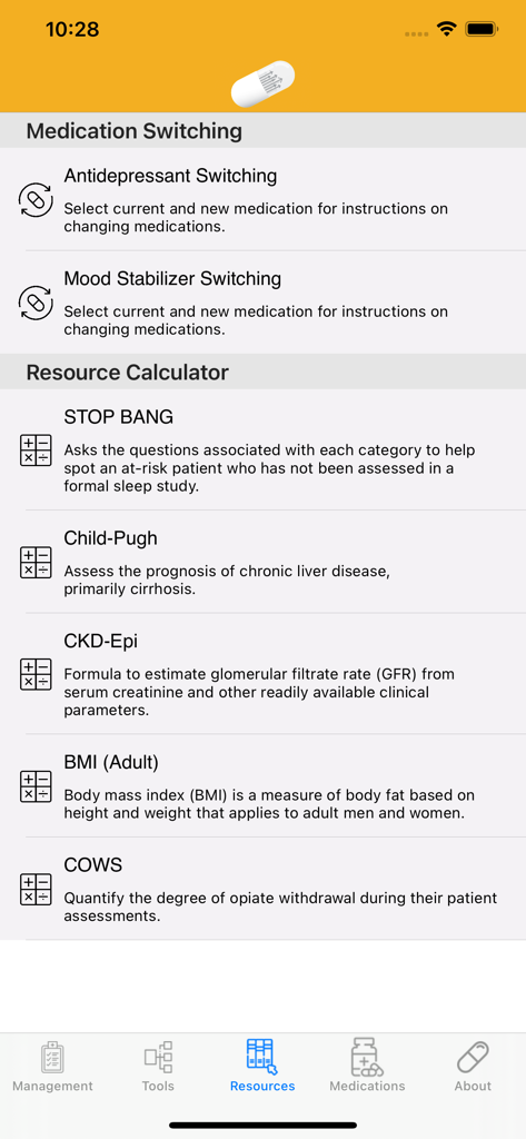Interface of the Waco Guide app showing medication switching options and clinical resource calculators like BMI and COWS.