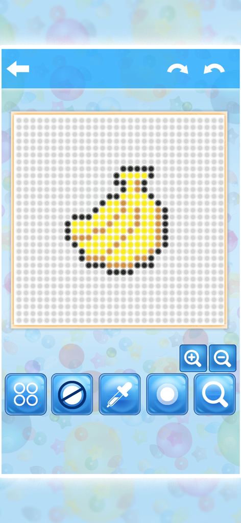 Beads Art Creator - A yellow banana created with digital beads on a 20x20 pegboard in the Beads Art Creator app interface.