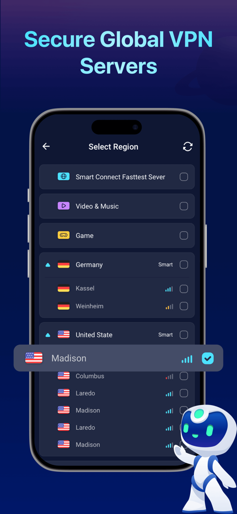 Interface of Global VPN Secure Browser showing the list of available international servers