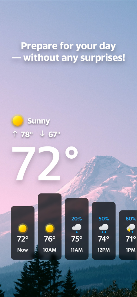 Yahoo Weather - Yahoo Weather app interface displaying temperature and hourly forecast over a scenic mountain background