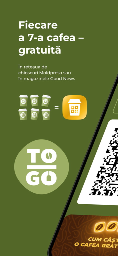 TO-GO Coffee - Promotion for the TO-GO Coffee app showing a buy 6 get 1 free loyalty reward and a QR code scanner.