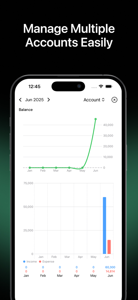 Interfaz de la aplicación Money Manager que muestra un gráfico de líneas de saldo y un gráfico de barras de ingresos frente a gastos para múltiples cuentas.