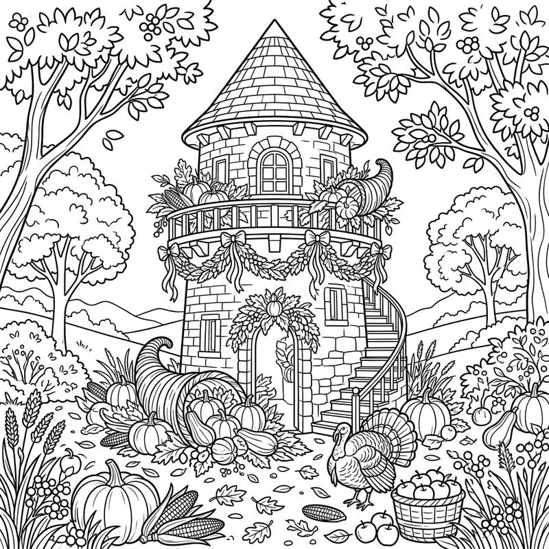 Step into a whimsical autumn scene where a majestic watchtower is beautifully decorated for Thanksgiving. This delightful coloring page invites you to celebrate the bounty of the harvest season with every stroke.