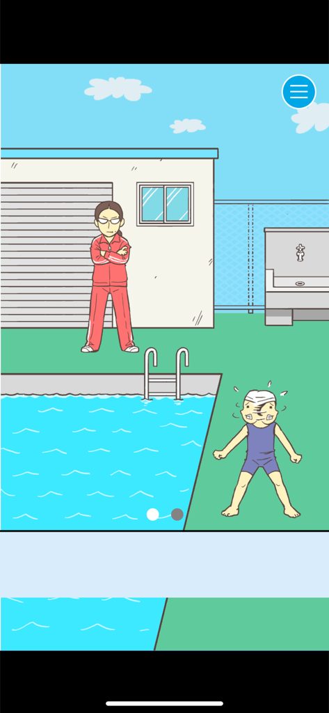 Ditching School! - Un estudiante de dibujos animados en traje de baño de pie nerviosamente junto a una piscina con un profesor severo con chándal rojo observándolo.