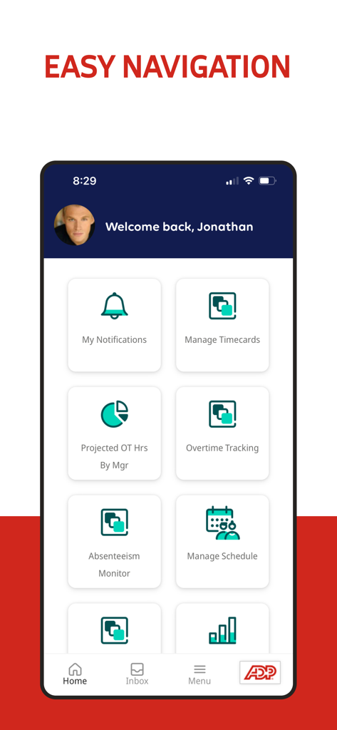 ADP My Work - Dashboard of ADP My Work app with tiles for managing timecards, schedules, and overtime tracking