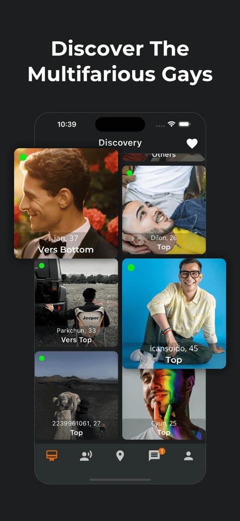 다양한 남성 사용자 프로필 그리드를 특징으로 하는 Boys 게이 데이트 앱의 검색 인터페이스.