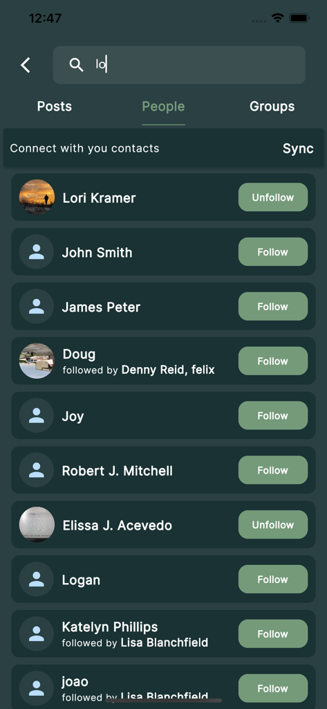 CamoSpace - CamoSpace app user interface showing a list of outdoor enthusiasts to follow with search and sync options.