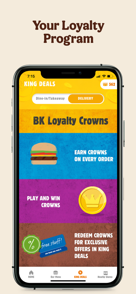 Burger King India app interface showing the BK Loyalty Crowns program with options to earn and redeem rewards.