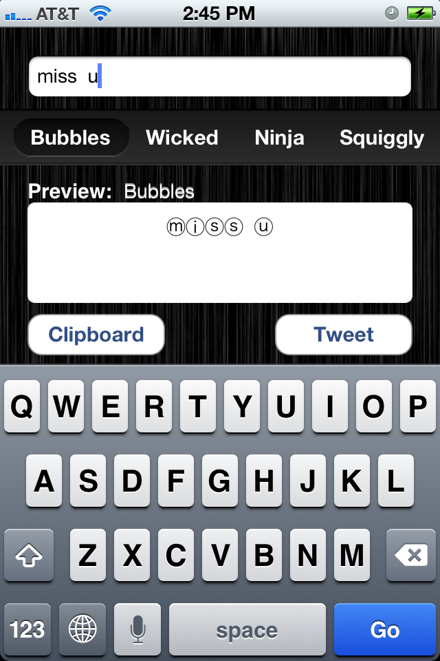 Status Styler - A screenshot of the Status Styler app interface showing text styled in a bubble font with options to copy to clipboard or tweet.
