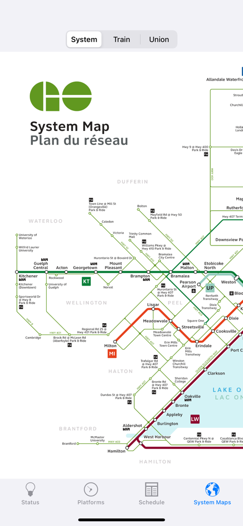 GOToronto: GO Transit Sidekick - A detailed GO Transit system map within the GOToronto app showing various rail and bus lines across the Greater Toronto Area.