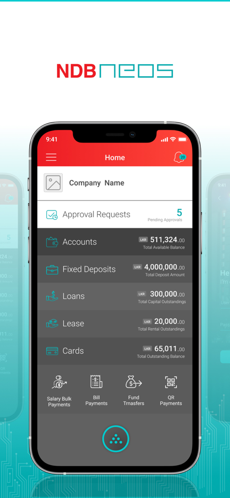 ビジネスアカウントの残高と支払いオプションを表示するNeos Biz SMEバンキングアプリのダッシュボード