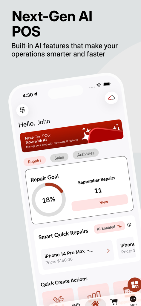 Repair Spots - Repair Spots mobile app dashboard showing AI-powered repair tracking and business goals