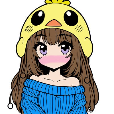 anime girl with chick shaped hat with sweater with bare shoulders with bangs covering them one eye with low tail