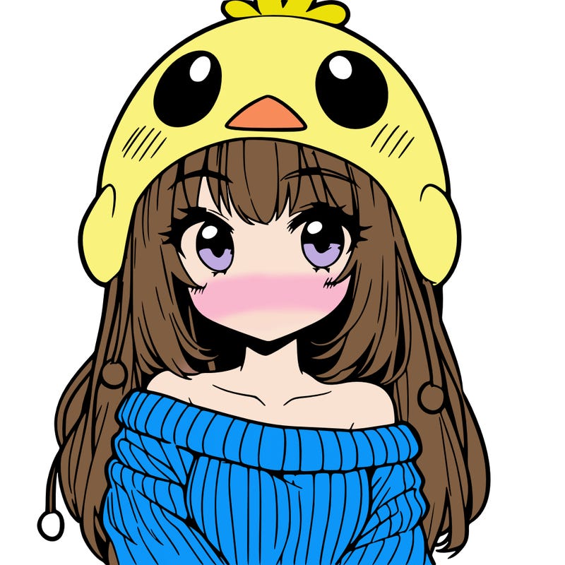 anime girl with chick shaped hat with sweater with bare shoulders with bangs covering them one eye with low tail