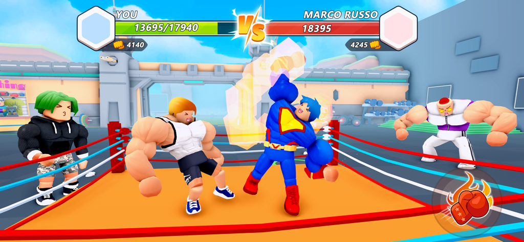 Gym King Pro Idle Clicker Game - Muscular characters competing in a boxing match inside the Gym King Pro arena