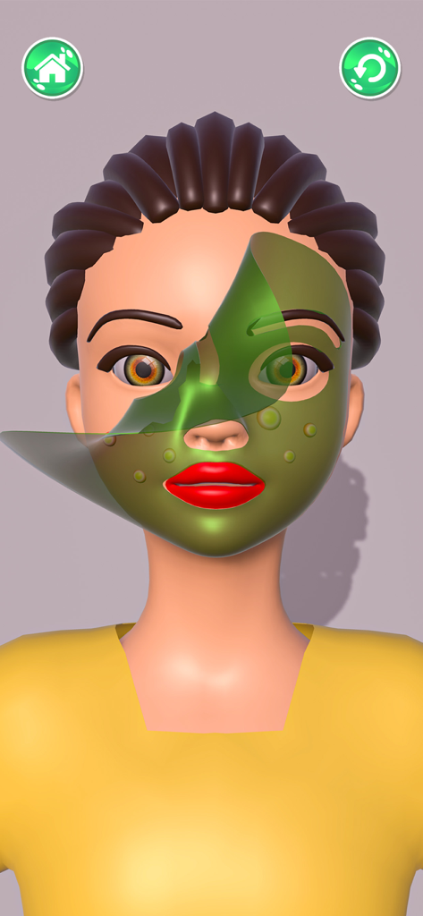 Slime Kit! ASMR Mixing Art - A 3D character peeling off a translucent green jelly face mask in a satisfying ASMR skincare game.