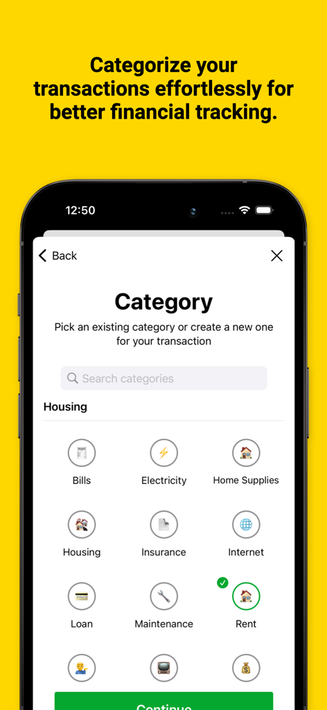 Interfaccia che mostra categorie di transazioni come Affitto, Assicurazione e Bollette nell'app Cashflow Forecast.