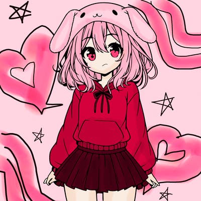 pretty anime girl wearing a fluffy hoodie with bunny ears on the hood and a skirt