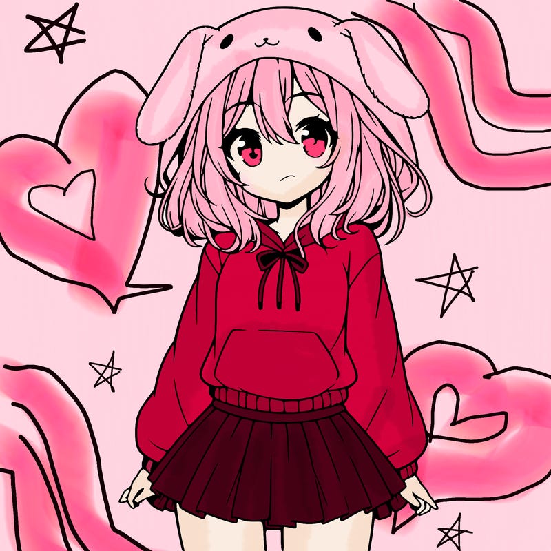 pretty anime girl wearing a fluffy hoodie with bunny ears on the hood and a skirt