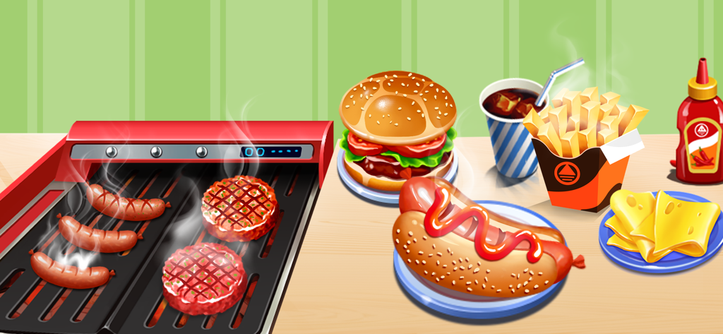 クッキングプレイタイム：テイスティーストリートの、ホットドッグとフライドポテトの隣にあるハンバーガーとソーセージのキッチン用グリル