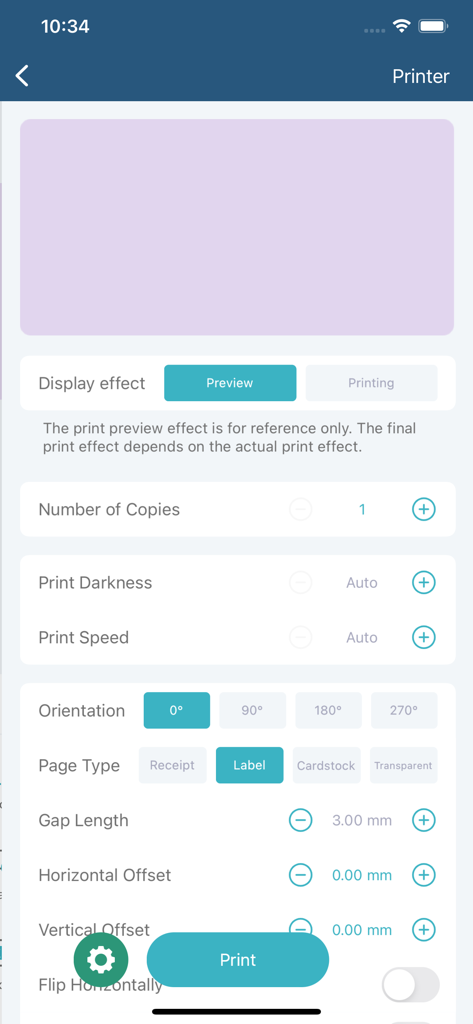 WePrint App - Un'interfaccia mobile dell'app WePrint che mostra impostazioni di stampa personalizzabili per etichette e ricevute