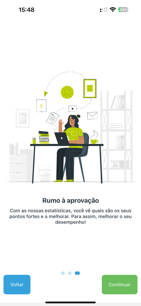 Estuda.com ENEM e Vestibular - Onboarding screen of Estuda.com app showing a student at a desk with text about study performance statistics