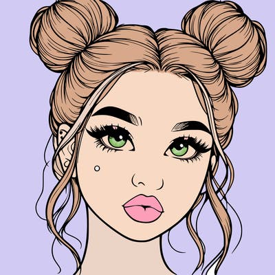 realistic girl with two buns on her hair and lips