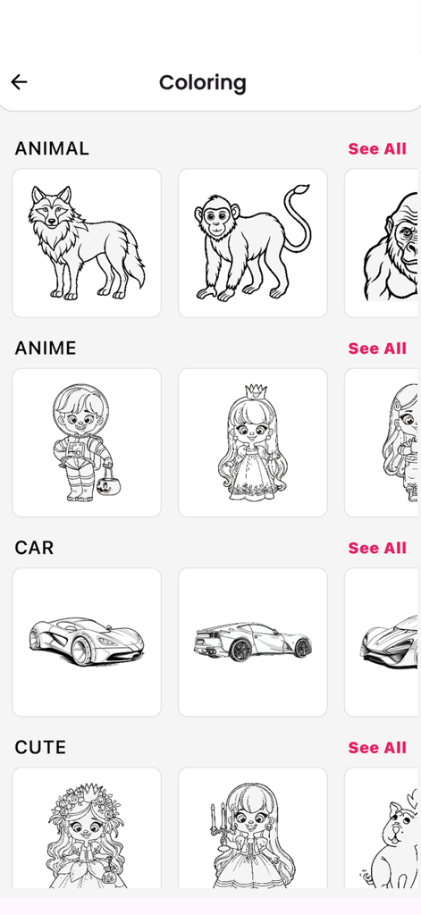 Una selección de plantillas de bocetos en categorías como animales, anime y coches para calco AR.