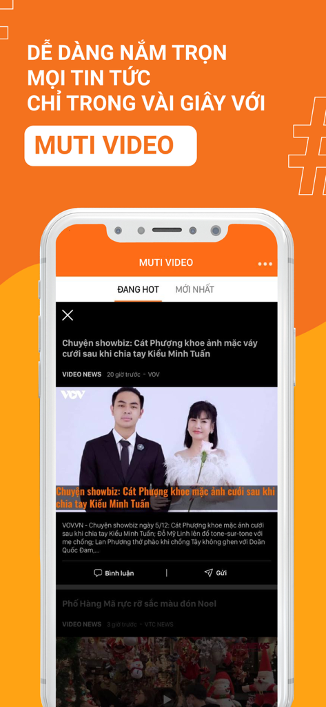 Kenh14.vn: Tin tức giới trẻ - Smartphone-Bildschirm, der die Video-Nachrichtenschnittstelle der Kenh14.vn-App mit Showbiz-Inhalten auf Vietnamesisch anzeigt