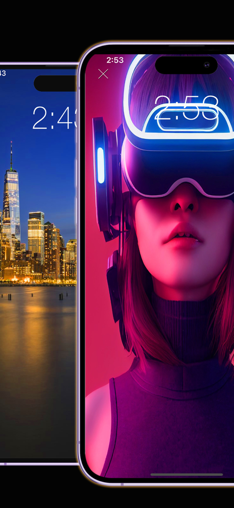 Dos iPhones mostrando fondos de pantalla estéticos de un horizonte urbano y una chica con gafas de realidad virtual con iluminación de neón