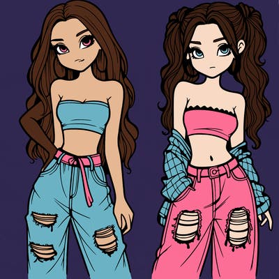 2 girls in crop tops and baggy jeans ripped