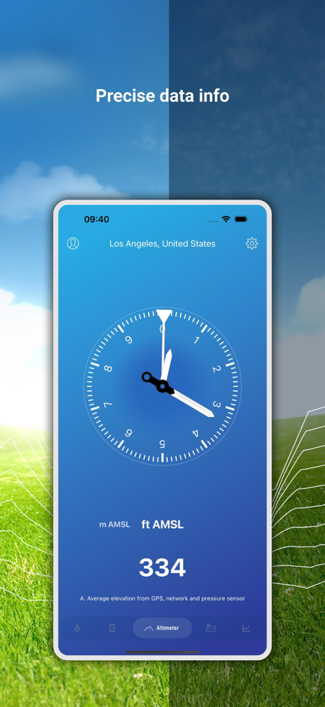My Barometer and Altimeter - Digital altimeter interface displaying current elevation in feet AMSL with precise data.