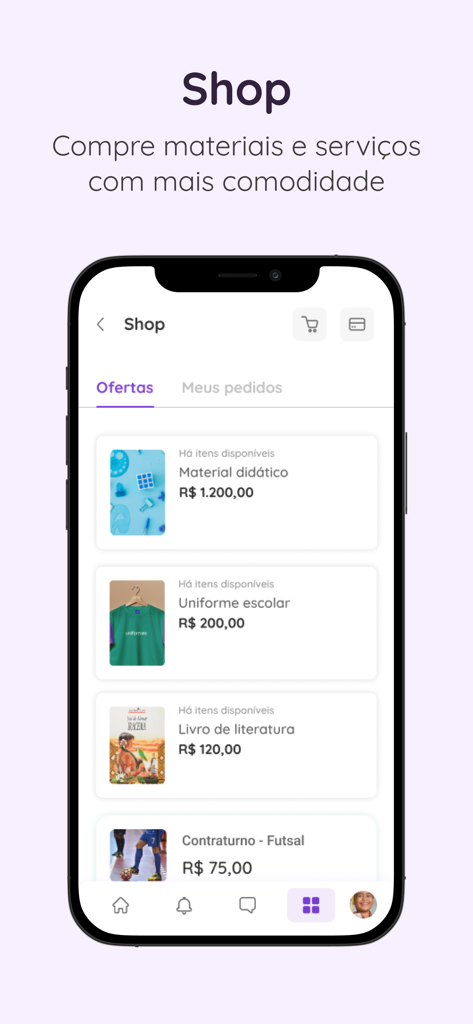 Agenda Edu SuperApp - Agenda Edu SuperApp mobile interface displaying the school shop section where parents can purchase materials and uniforms