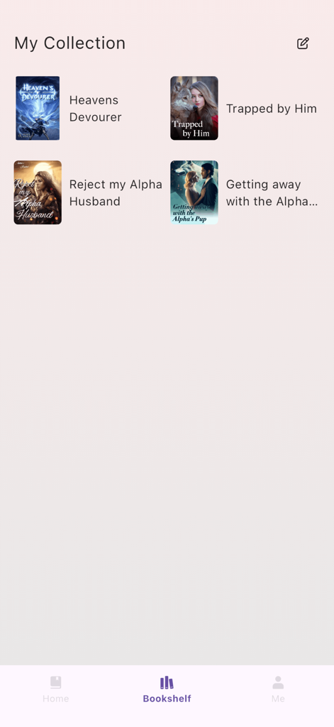 MotoNovel - The personal collection screen of the MotoNovel app displaying book covers for romance and werewolf novels.