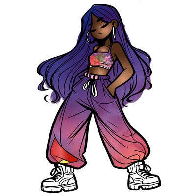 girl in baggy pants crop top and long hair