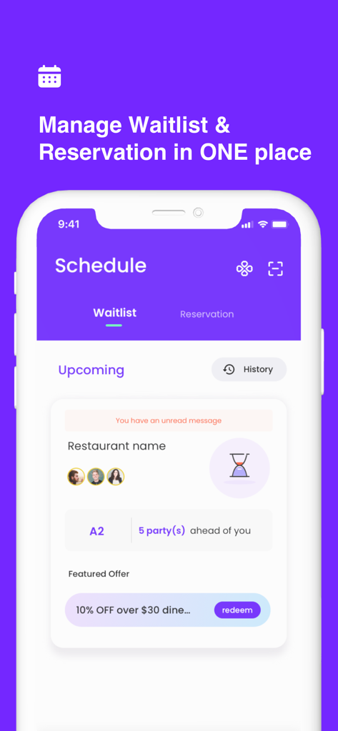 Minitable - Minitable app interface showing the schedule screen to manage restaurant waitlists and reservations in one place.