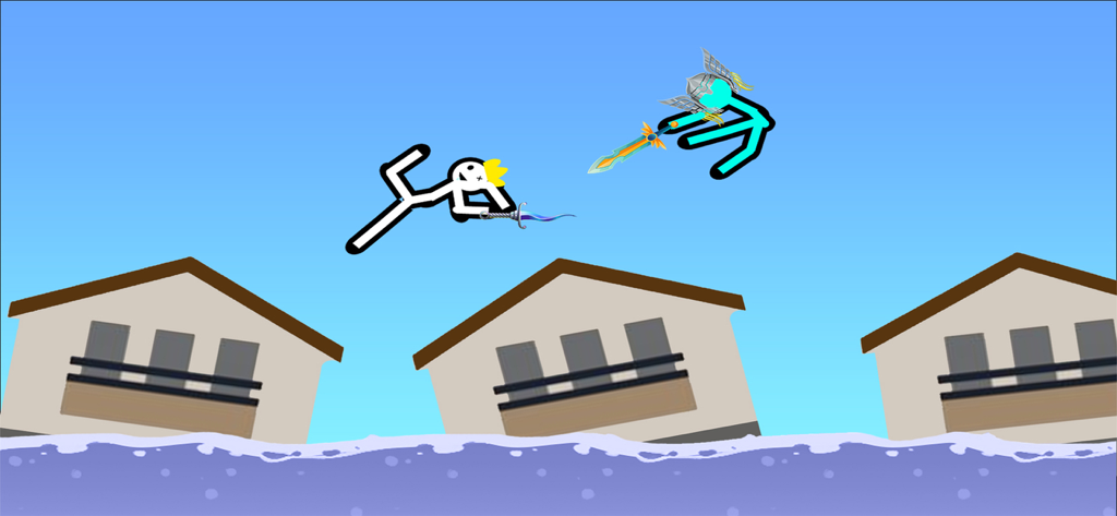 Stickman Warriors: Fight Games - Two stickman warriors fighting with swords in the air above houses