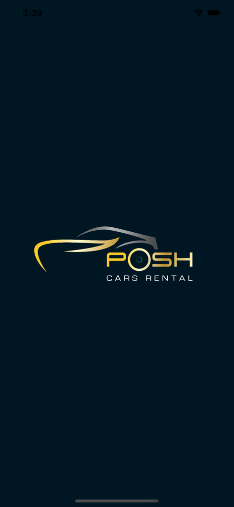 Posh Cars Rental app splash screen featuring a gold and silver luxury car logo on a dark blue background