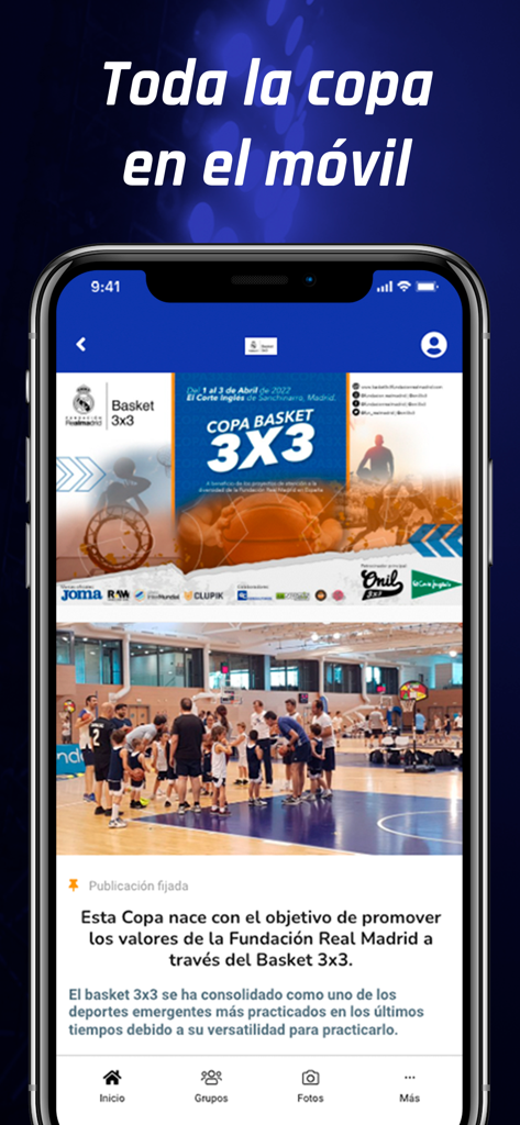 Copa 3x3 Fundación Real Madrid - Official app interface of Copa 3x3 Fundacion Real Madrid showing the home feed with tournament information and basketball news