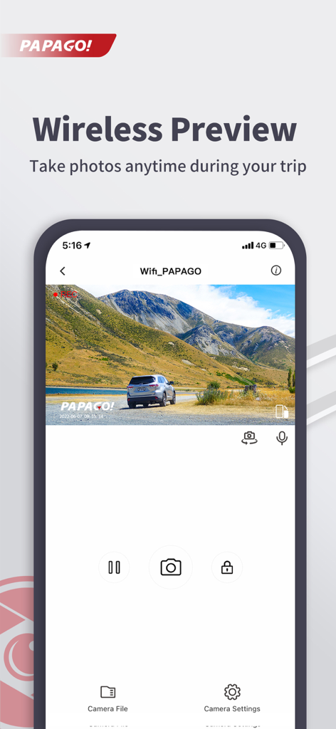 PAPAGO Focus app interface for wireless dash cam preview and photo capture