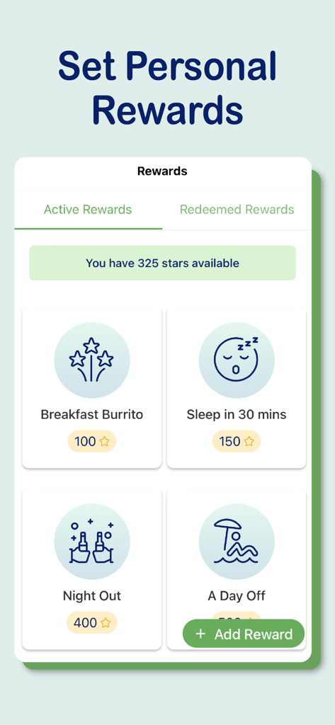 Interface of Brili Routines app showing customizable personal rewards and star-based gamification for habit tracking