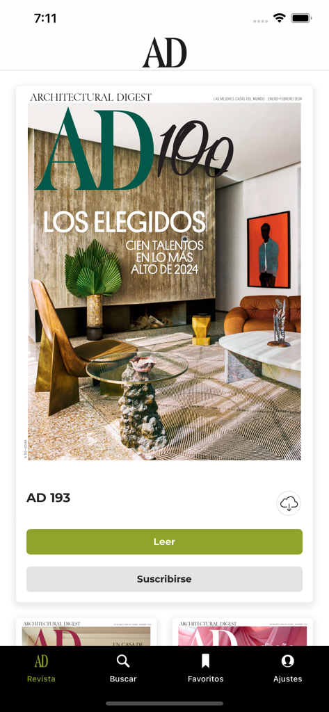 AD España - AD España mobile app interface showing a digital magazine cover with high-end interior design.