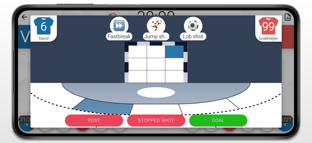 Handball scoreboard app interface for recording shot outcomes and player statistics