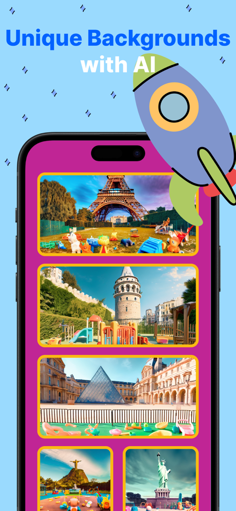 Miracle: Baby Photo Editor - Una pantalla de smartphone que muestra varios fondos generados por IA para fotos de bebés con puntos de referencia mundiales como la Torre Eiffel y la Estatua de la Libertad.