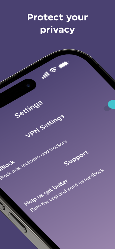 Secure VPN ・ Private Internet - Menú de configuración de la aplicación VPN Segura en un iPhone mostrando opciones de privacidad y bloqueo de anuncios