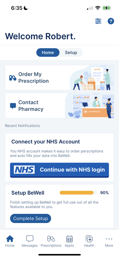 BeWell - Patient Care - Pantalla de inicio de la aplicación BeWell con inicio de sesión NHS y opciones de pedido de recetas