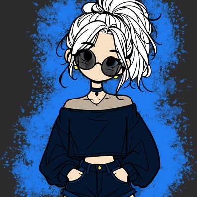 girl with a messy ponytail glasses a baggy crop top and jean shorts