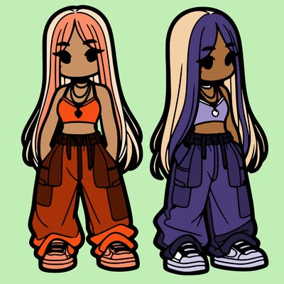 girl in baggy pants crop top and long hair