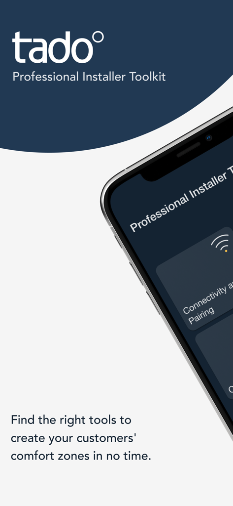 Application tado Professional Installer Toolkit affichant les outils de connectivité et d'appairage sur un smartphone